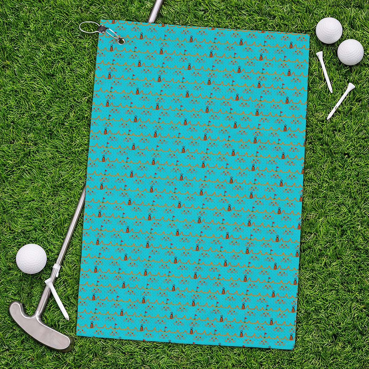 Cat Lover Golf Towels, Turquoise Cat Face & Golf Bag Pattern Golf Towel, Funny Kitty Golf Gift for Golfers