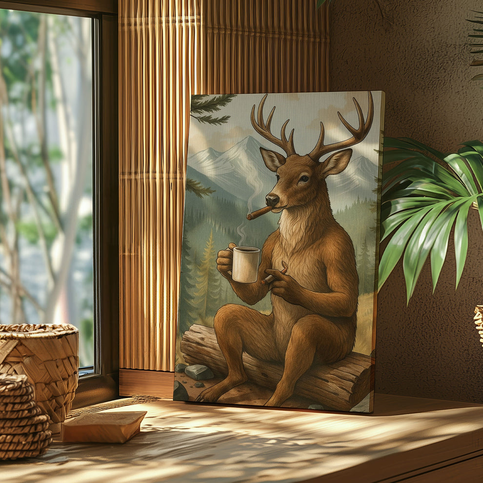 Rustic Deer Canvas – Coffee, Cigar & Cabin Wall Art for Man Caves