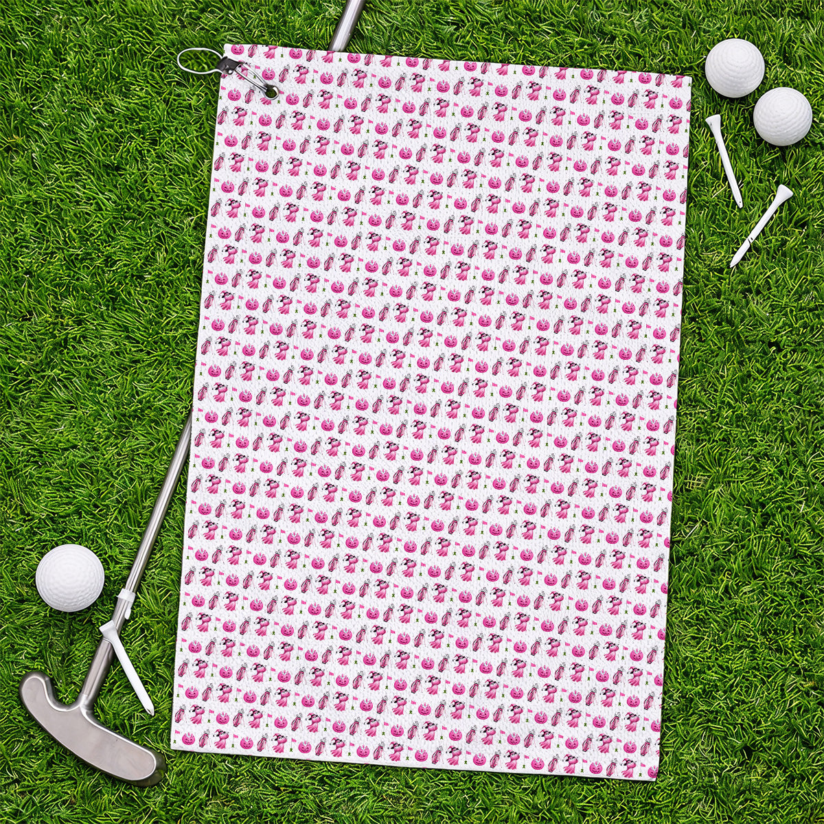 Pink Pumpkin Swing Breast Cancer Awareness Golf Towel, Halloween Golf & Pink Ribbon Pattern Towels, October Golf Gift For Golfer