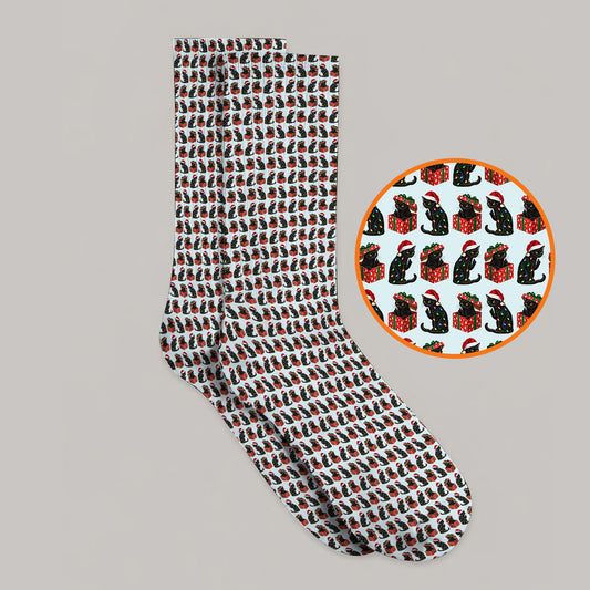Black Cat Christmas Pattern Golf Socks, Funny Christmas Cat Golf Sock, Holiday Gift for Cat Lovers
