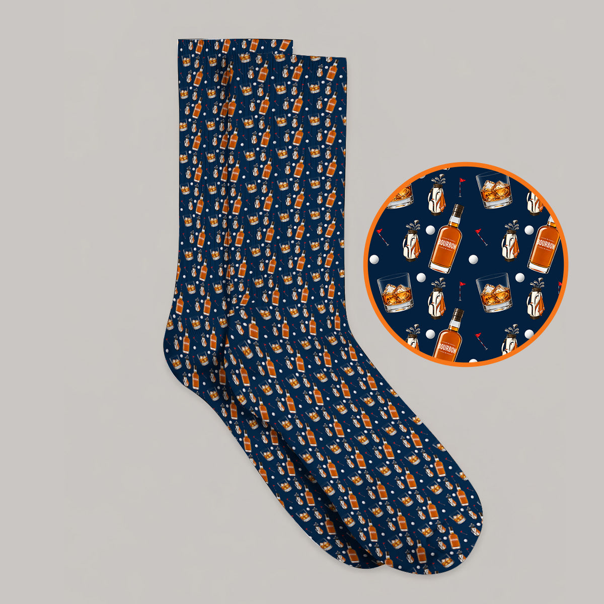 Bourbon Whiskey Golf Socks, Golf & Bourbon Pattern Sock, Unique Gift For Whiskey Loving Golfers