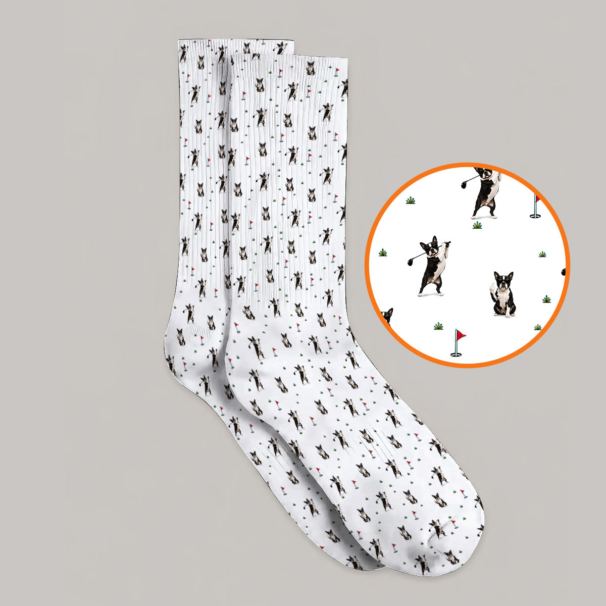 Boston Terrier Pattern Golf Socks, Crazy Boston Terrier Golf Sock, Golf Gift For Golfer