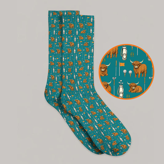 Highland Cow Fairway Socks, Highland Cow Golf Pattern Sock, Golf Gift For Golfer