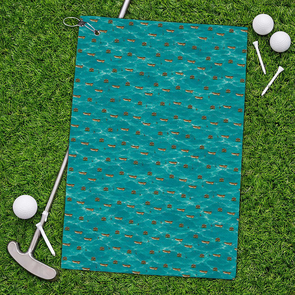 Fishing Pattern Golf Towels, Fishing Boat With Tackle Pattern Golf Towel, Unique Fishing Gift for Fishermen And Golfer