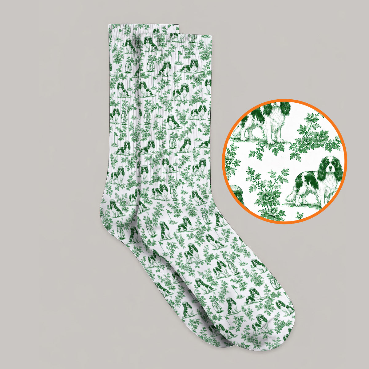Funny Cavalier King Charles Spaniel Golf Sock, Toile de Jouy Cavalier Pattern Golf Socks, Golf Gift For Golfer