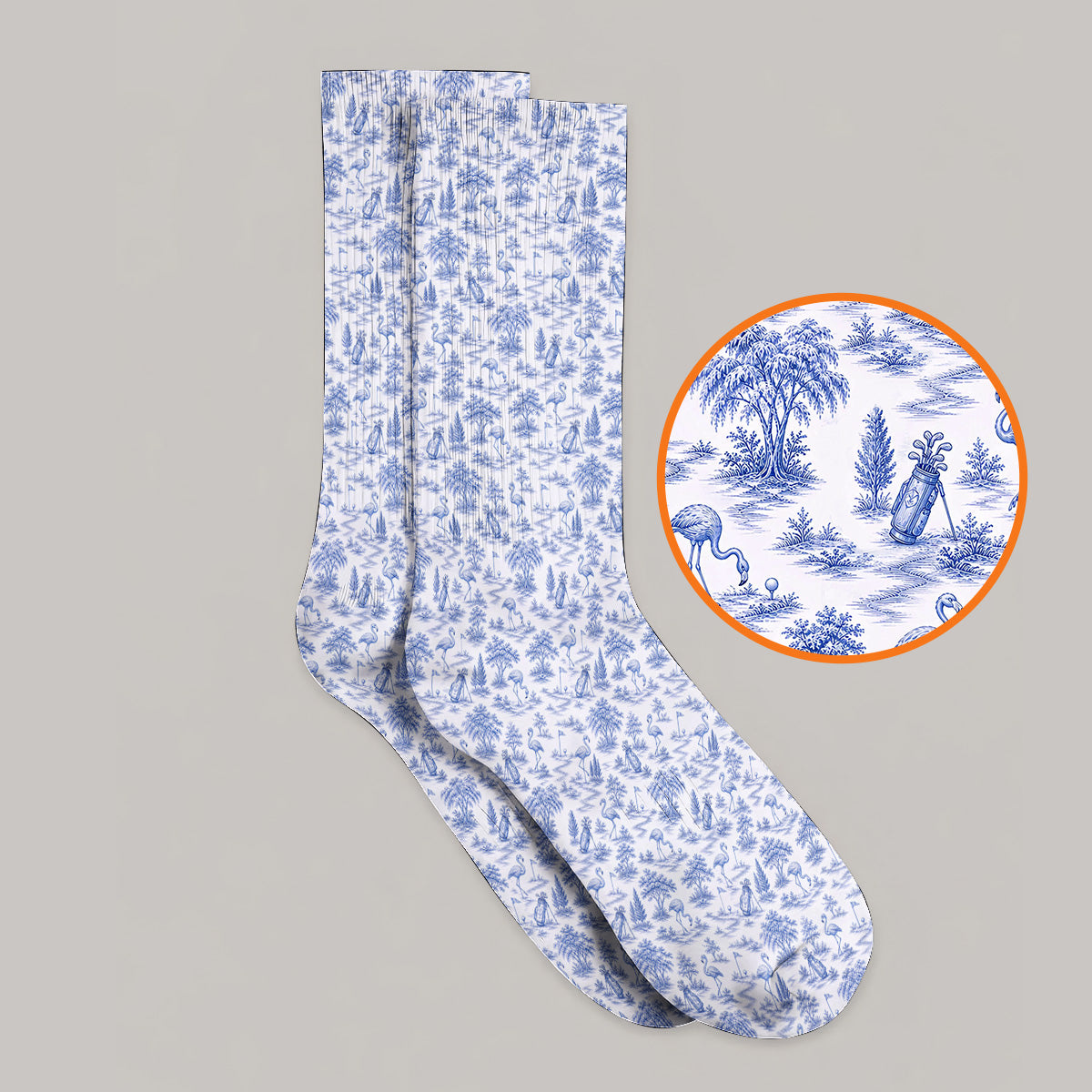 Toile De Jouy Flamingo Golf Crew Sock, Crazy Pink Golf Socks, Golf Gift For Golfer