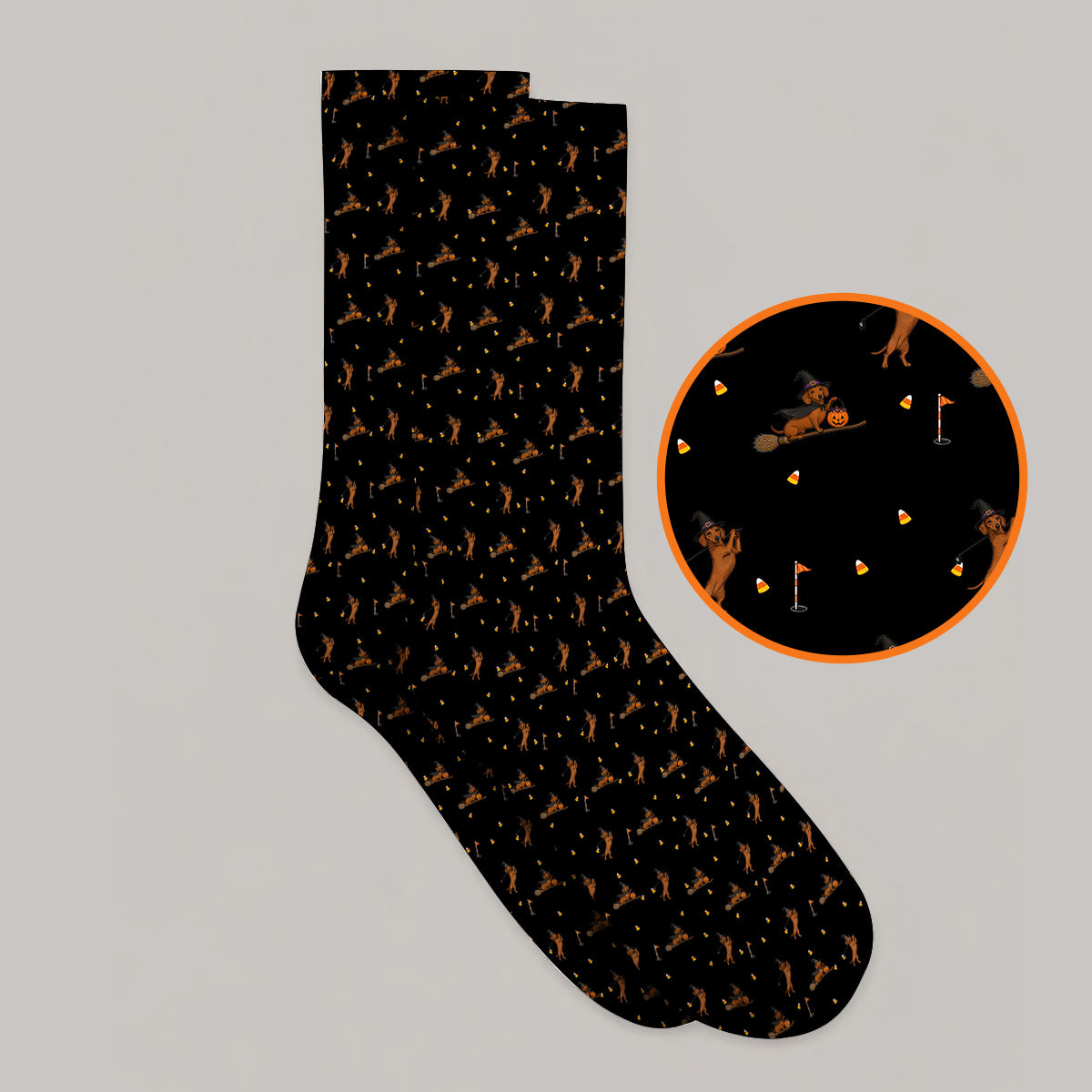 Funny Witch Dachshund Golf Sock, Halloween Wiener Dog Pattern Golf Socks, Golf Gift for Golfer