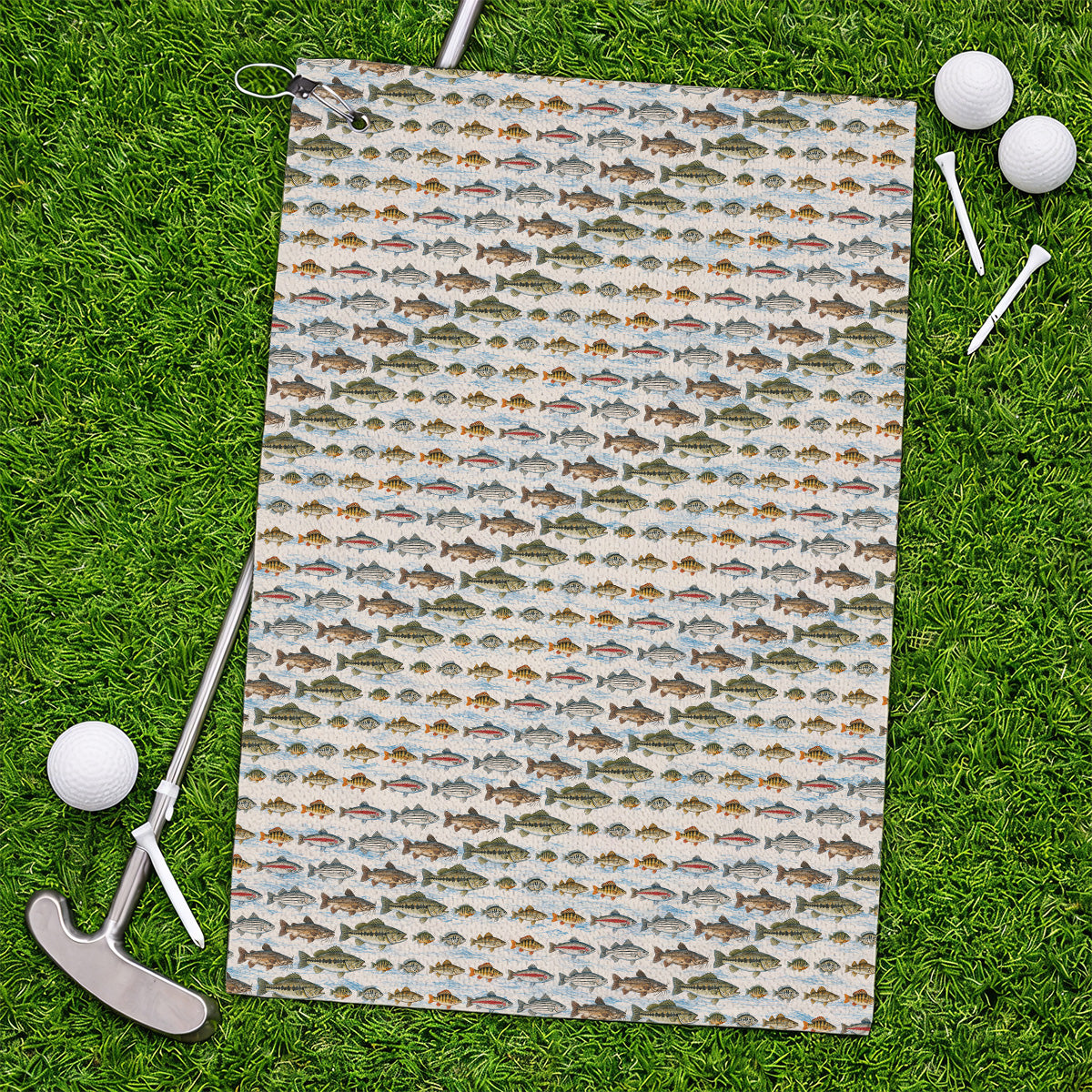 Freshwater Fishing Pattern Golf Towels, Bass Trout Catfish & Perch Golf Towel, Fishing Gift For Golfer