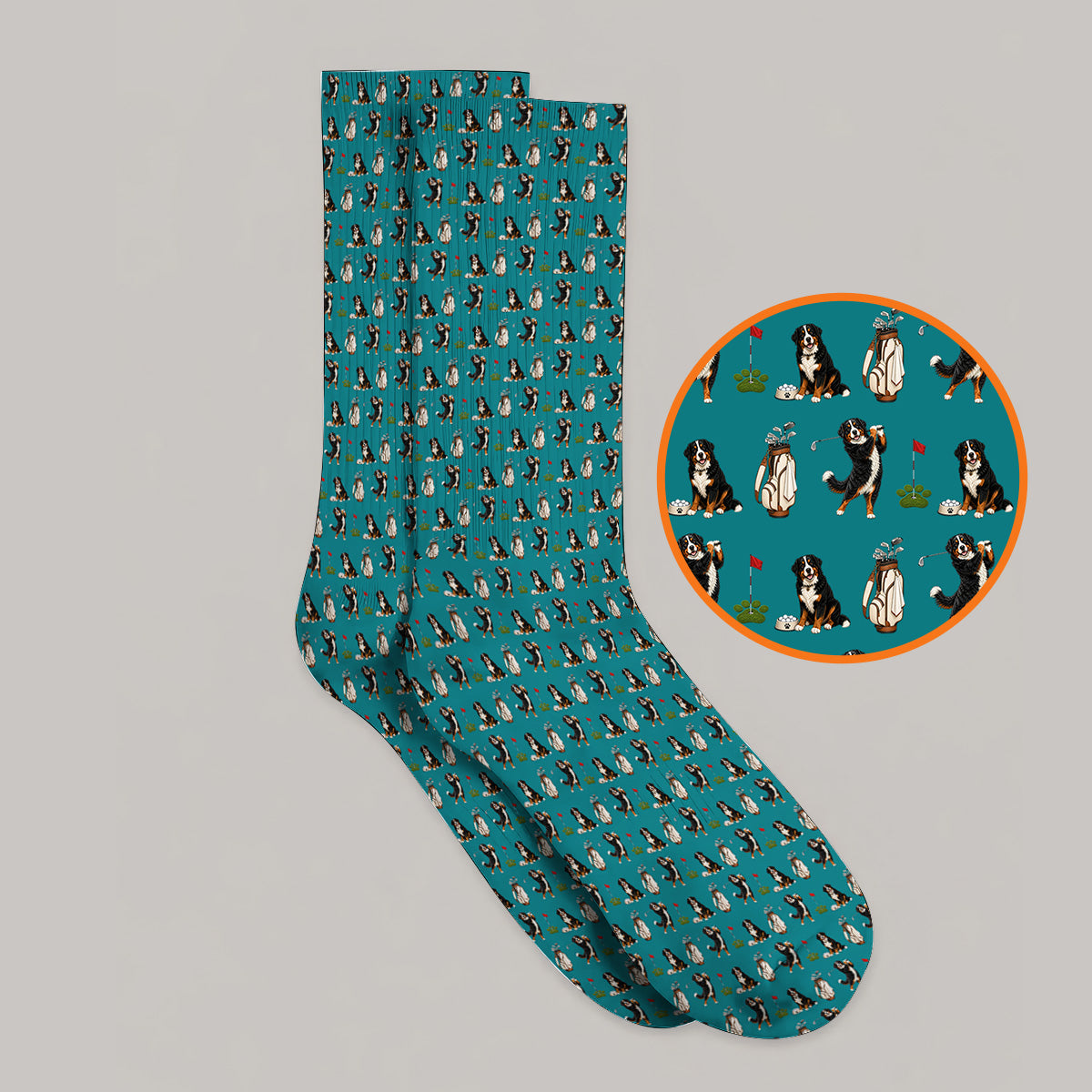 Bernese Mountain Dog Golf Pattern Socks, Bernese Golf Sock, Dog Lover Golf Gift