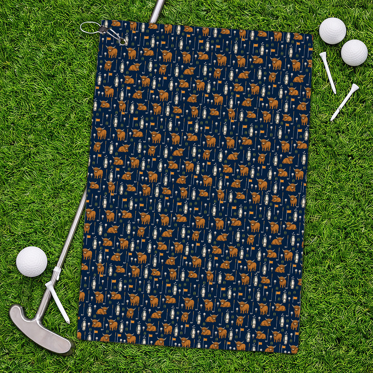 Highland Cow Fairway Towels, Highland Cow Golf Pattern Towel, Golf Gift For Golfer