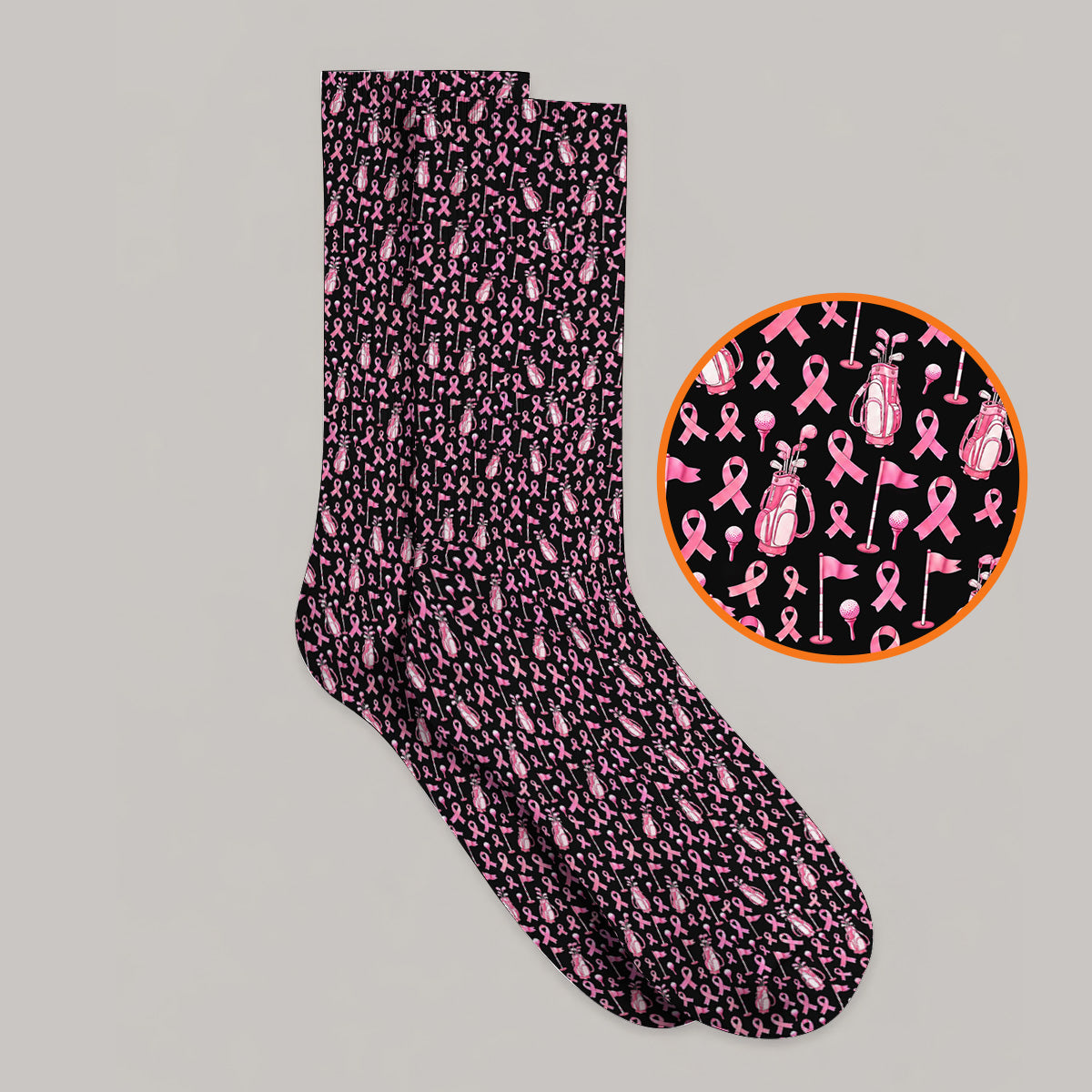 Breast Cancer Awareness Golf Socks, Pink Ribbon Golf Bag Pattern Sock, October Golf Gift for Golfer