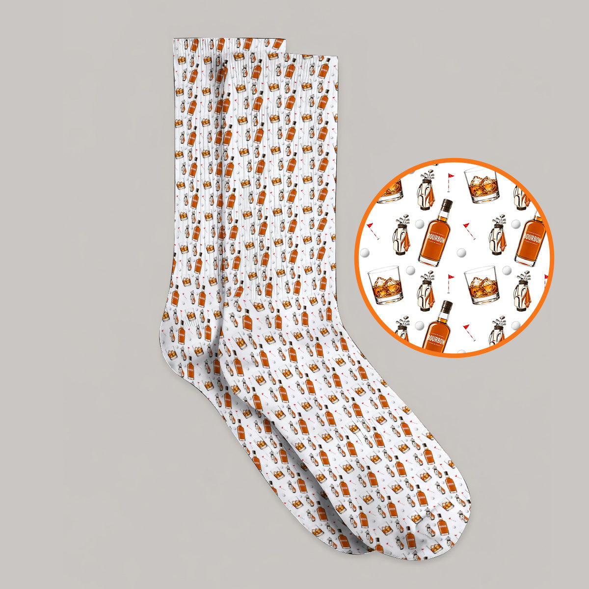 Bourbon Whiskey Golf Socks, Golf & Bourbon Pattern Sock, Unique Gift For Whiskey Loving Golfers