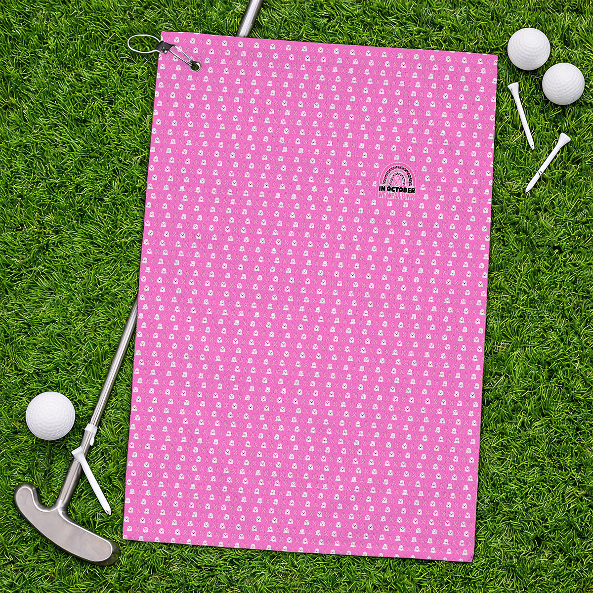 Breast Cancer Awareness Golf Towel, In October We Wear Pink Pattern Golf Towels, Pink Ribbon Golf Gift for Breast Cancer Support