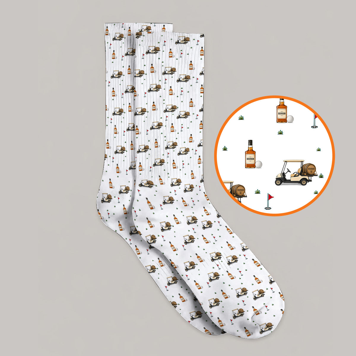 Bourbon Cart Golf Socks, Whiskey Barrel & Golf Course Pattern Sock, Funny Golf Gift For Golfer