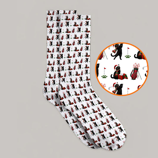 Black Cat Christmas Golf Socks, Festive Cat Patterm Golf Sock, Funny Holiday Golf Gift For Golfer