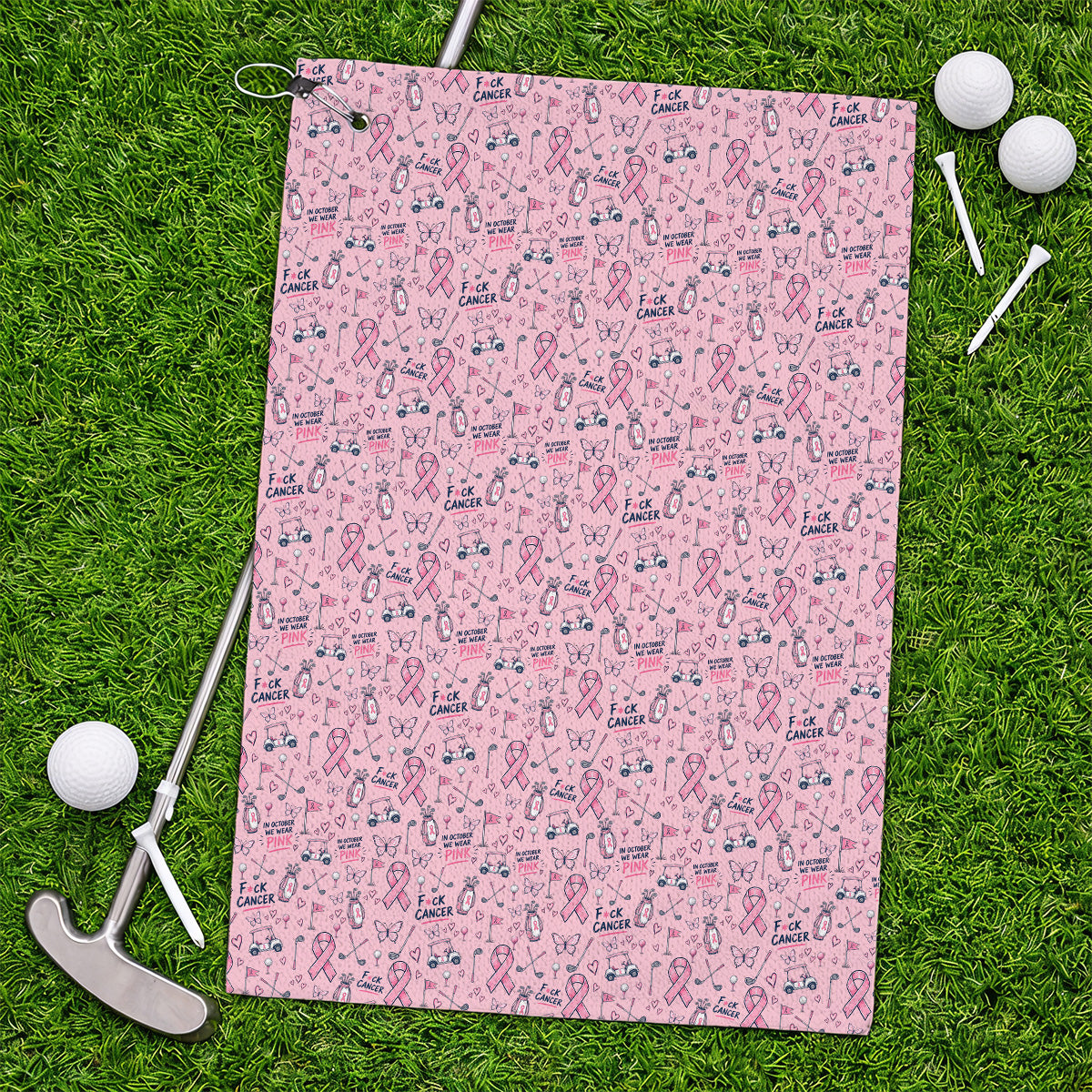 Fight Cancer Golf Towels, Pink Ribbon Golf Cart Pattern Towel, Breast Cancer Awareness Gift for Golfers