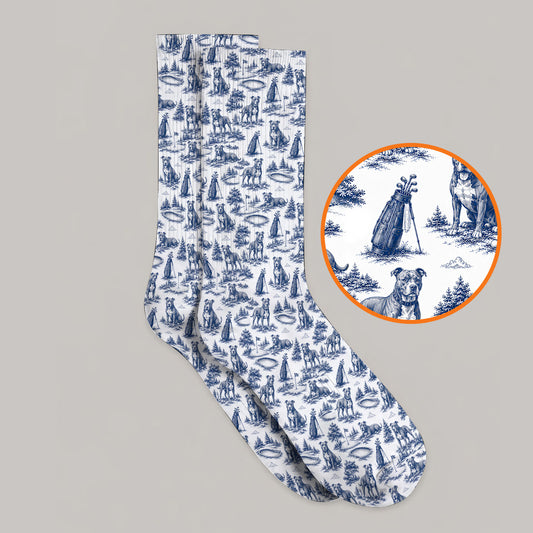 Crazy Pit Bull Golf Socks For Golfer, Toile de Jouy Pit Bull Pattern Golf Sock, Dog Lover Golf Gift