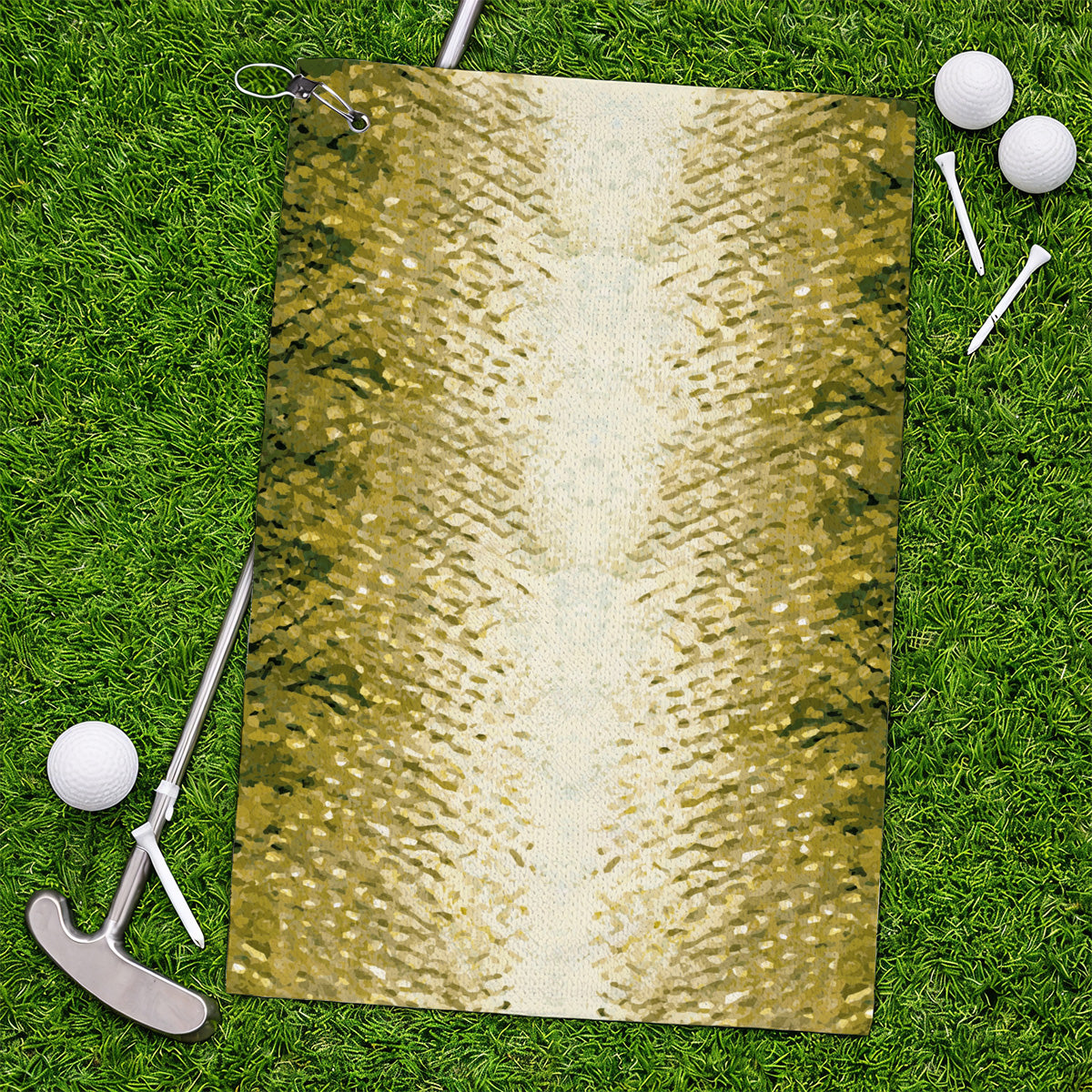 Bass Fishing Pattern Golf Towels, Golden Green Bass Fish Scale Golf Towel, Golf Gift For Fishers