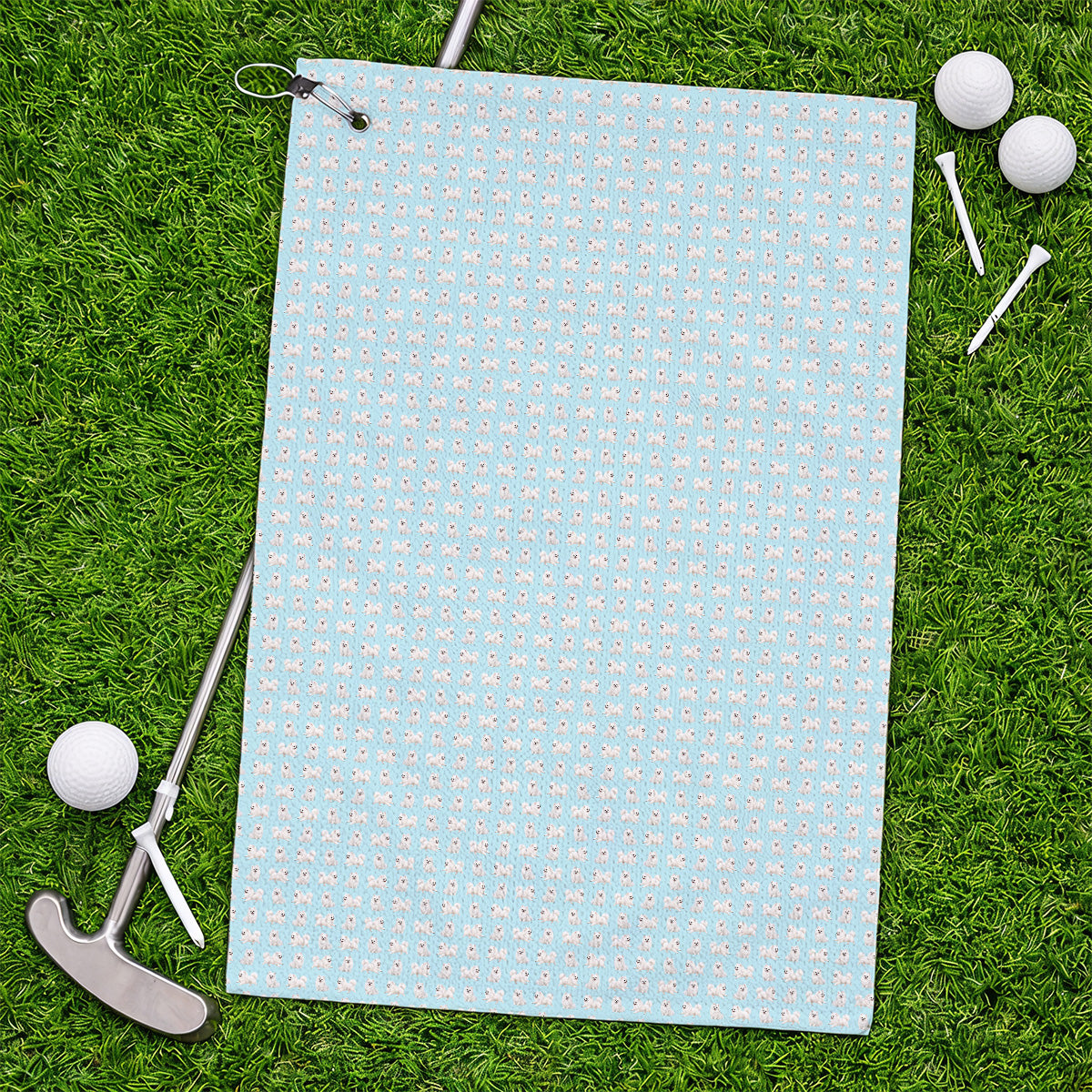 White Pomeranian Pattern Golf Towel, Cute Pomeranian Dog Golf Towels, Crazy Golf Gift For Golfer