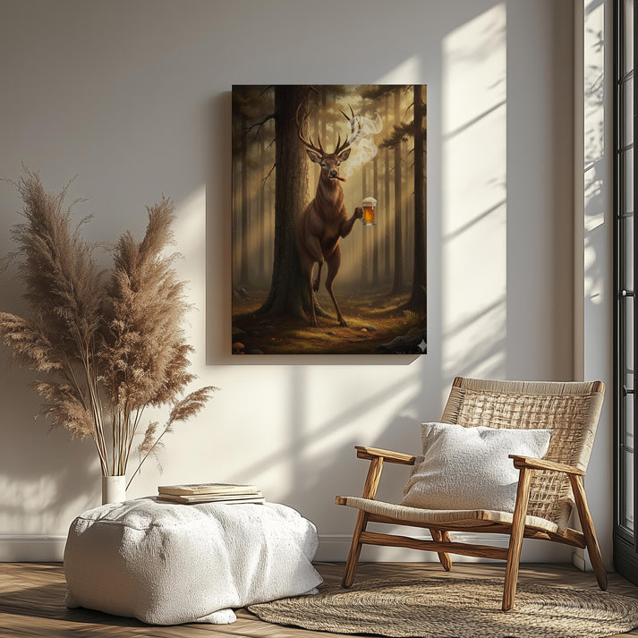 Beer & Cigar Deer Canvas – Funny Man Cave Cabin Wall Art