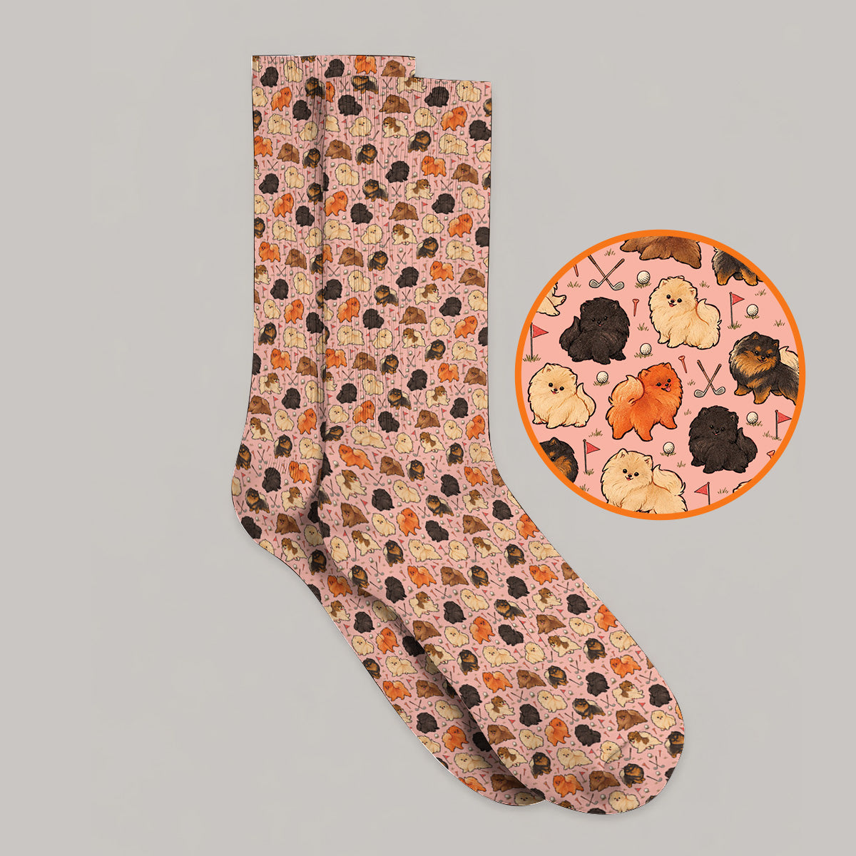 Funny Pomeranian Golf Socks, Pom Dog & Golf Pattern Sock, Golf Gift For Golfer
