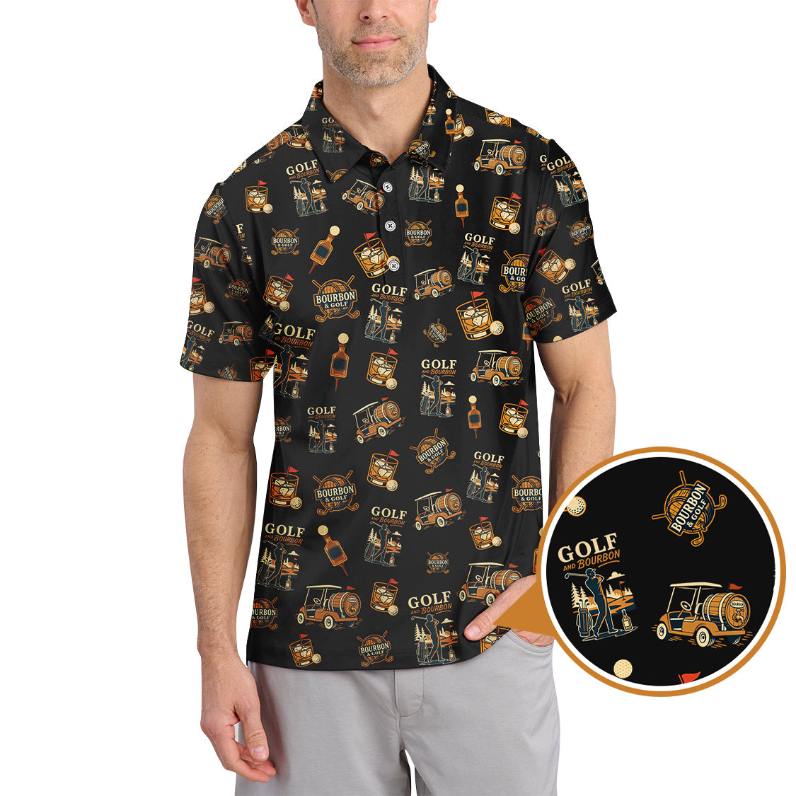 Bourbon Whiskey & Golf Polos, Funny Pattern Golf Shirt, Golf Gift For Men's