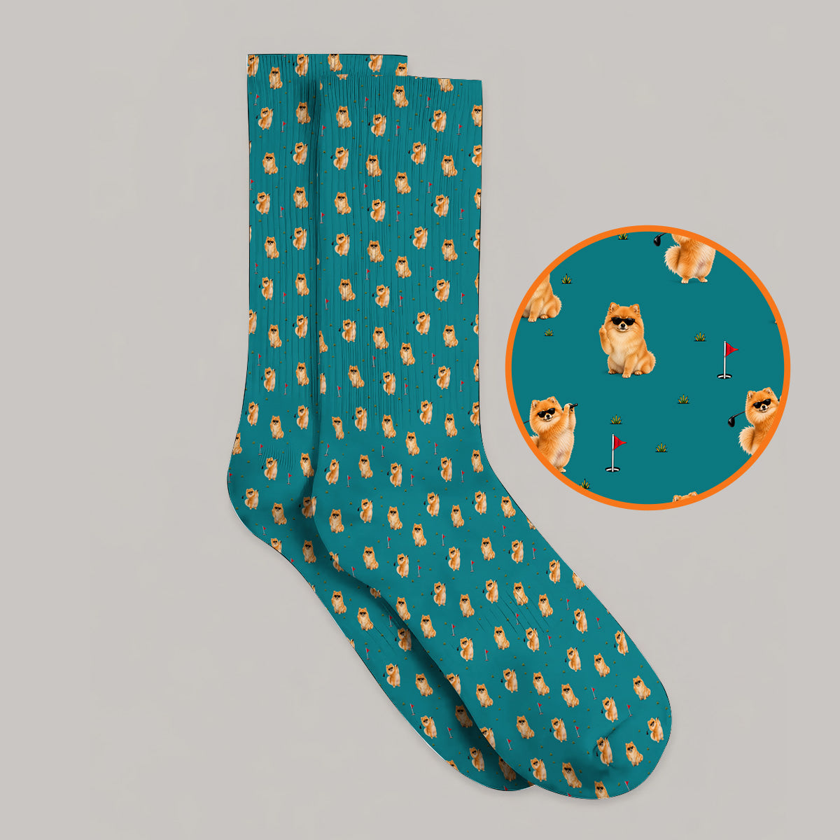 Golden Pomeranian Pattern Golf Socks, Cute Pomeranian Dog Golf Sock, Golf Gift For Golfer