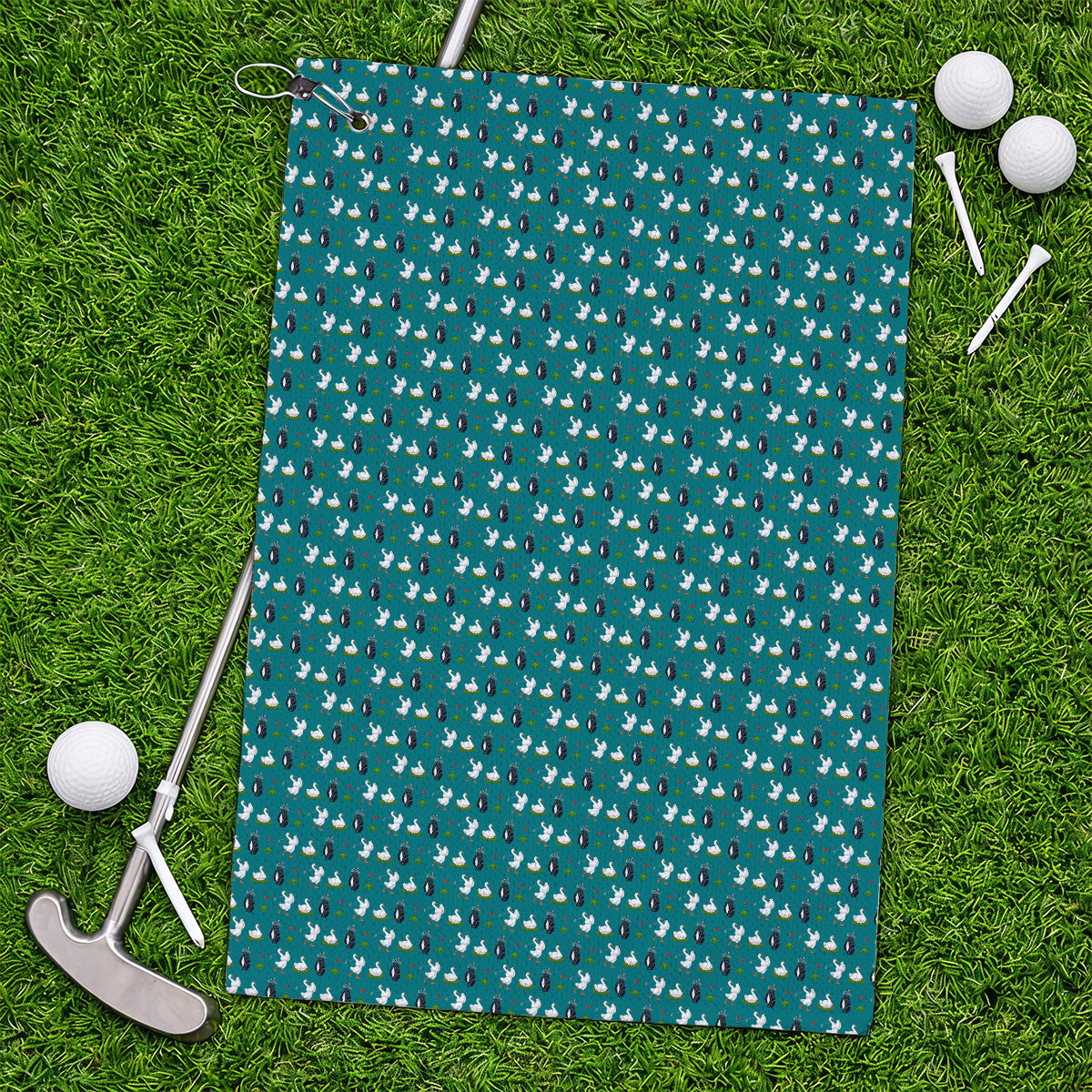 Funny Goose Golf Towels, Teal Goose & Golf Pattern Towel, Golf Apparel Gift For Golfer