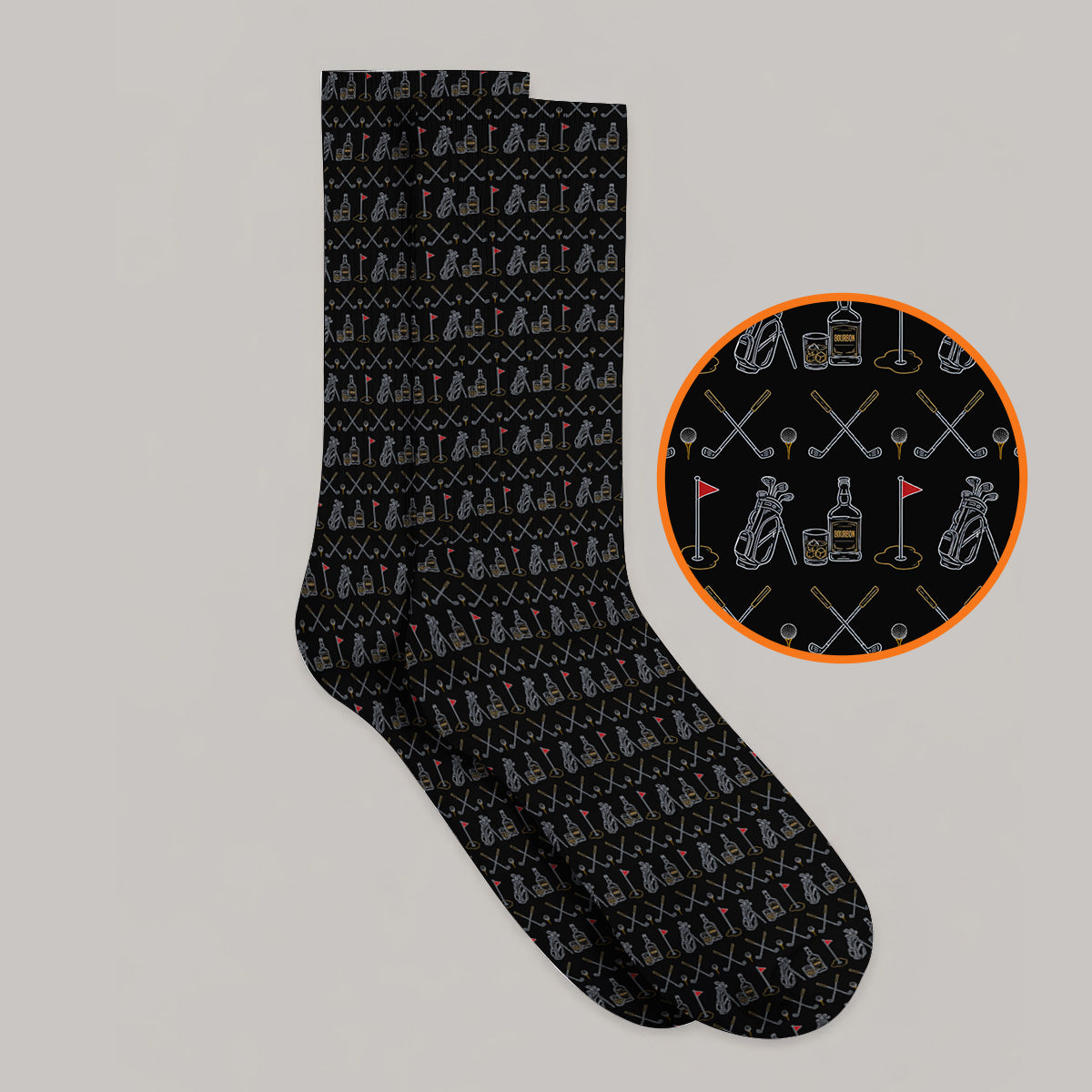 Bourbon Golf Socks, Whiskey & Golf Club Pattern Sock, Classic Gift For Bourbon Loving Golfers