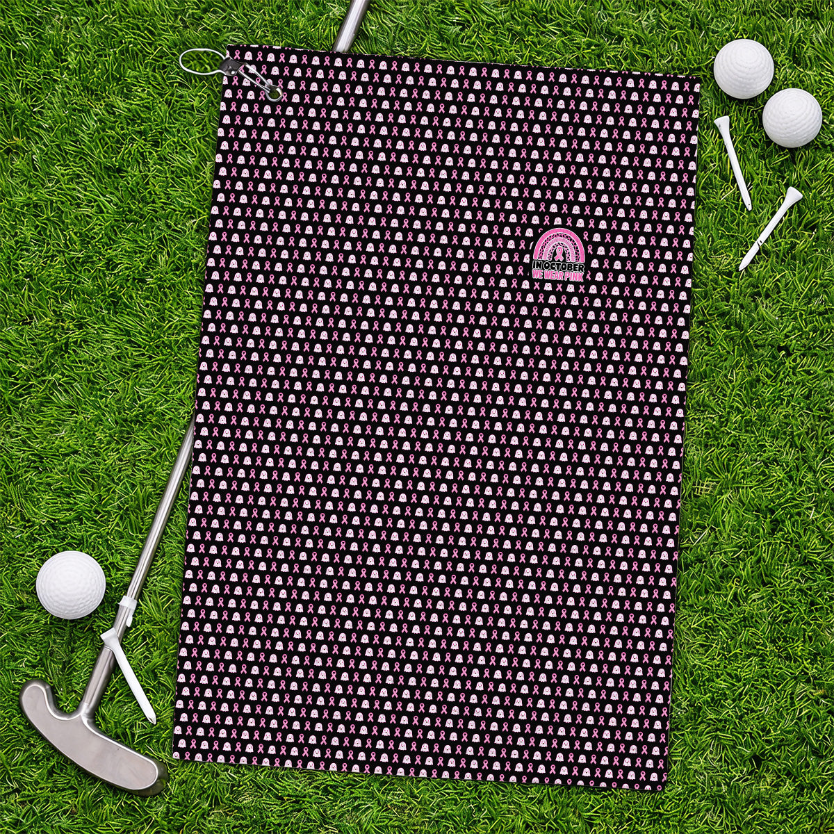 Breast Cancer Awareness Golf Towel, In October We Wear Pink Pattern Golf Towels, Pink Ribbon Golf Gift for Breast Cancer Support