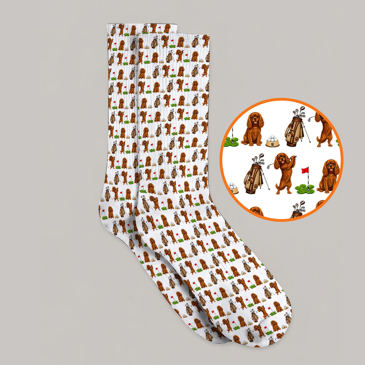 King Charles Cavalier Spaniel Golf Socks For Golfer, King Charles Cavalier Spaniel Pattern Golf Sock, Dog Lover Golf Gift