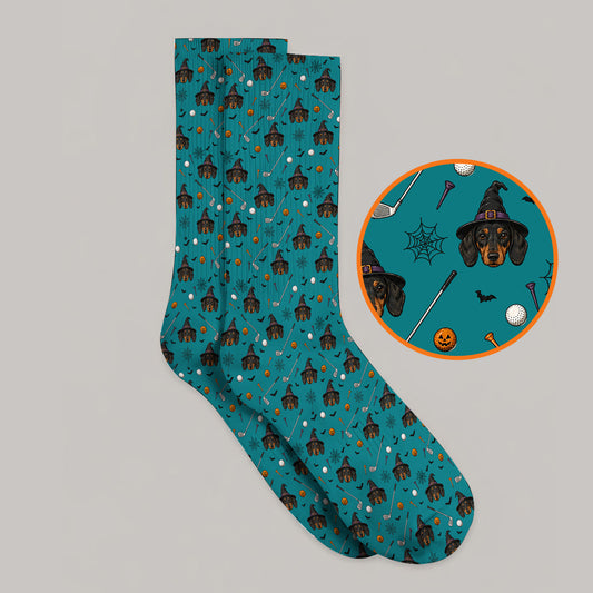 Witch Dachshund Golf Socks, Halloween Wiener Dog Pattern Golf Sock, Golf Gift for Golfer