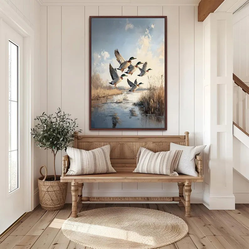 Mallard Ducks In Flight Canvas, Duck Hunting Wall Art, Cabin Decor For Man Cave