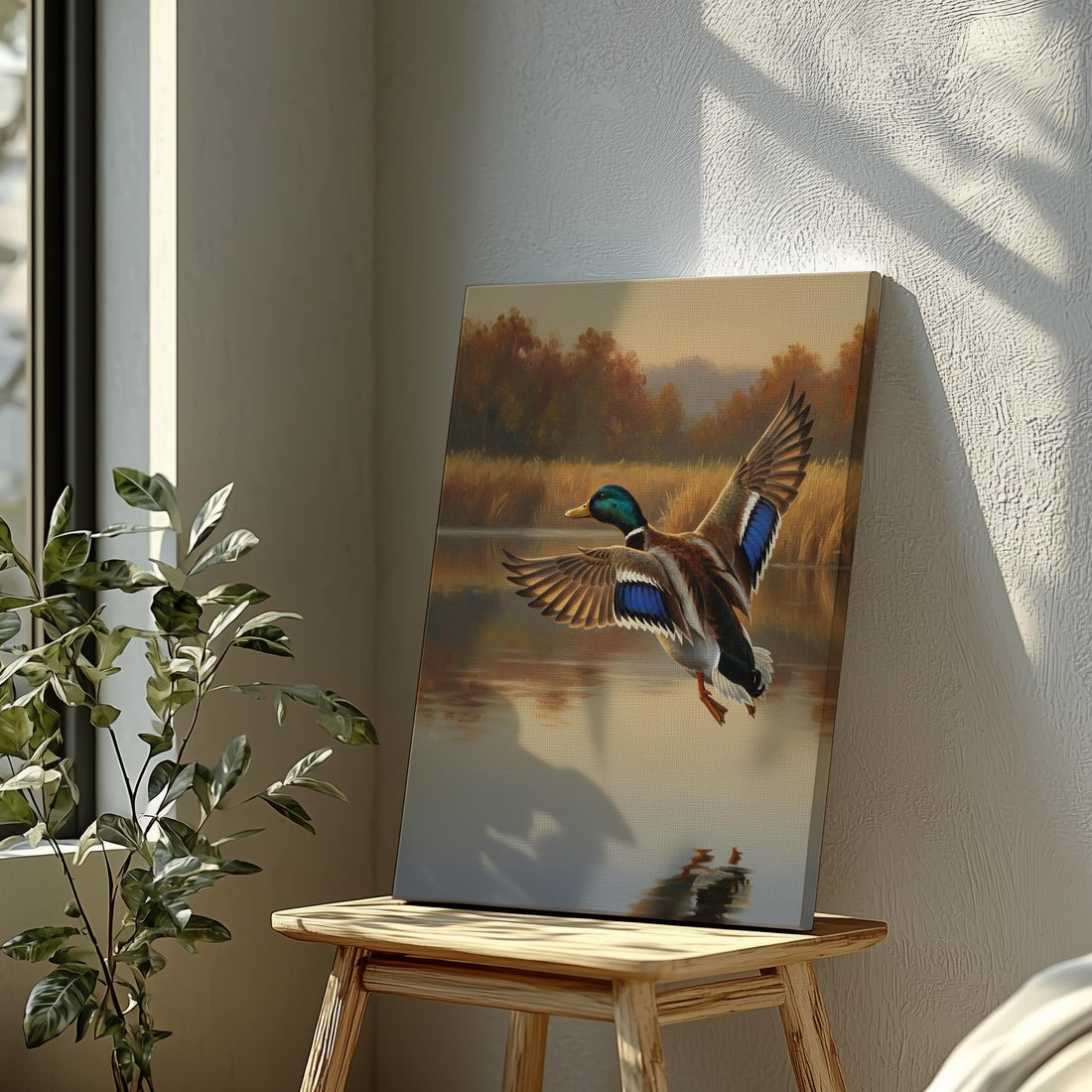 Duck Hunting Wall Art Canvas, Mallard Duck In Flight Over Lake Print, Cabin Decor For Man Cave