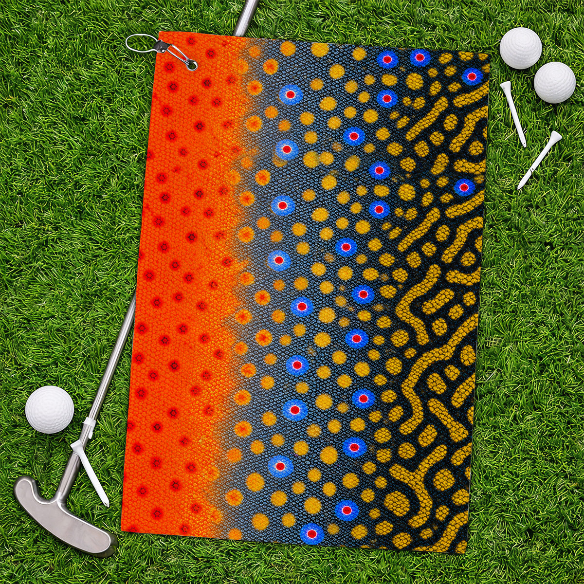 Brook Trout Skin Golf Towels, Vibrant Orange Spotted Fish Scale Pattern Golf Towel, Crazy Golf Gift For Golfers