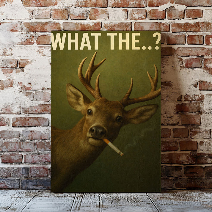 Smoking Deer Canvas – “What The…?” Funny Man Cave Wall Art