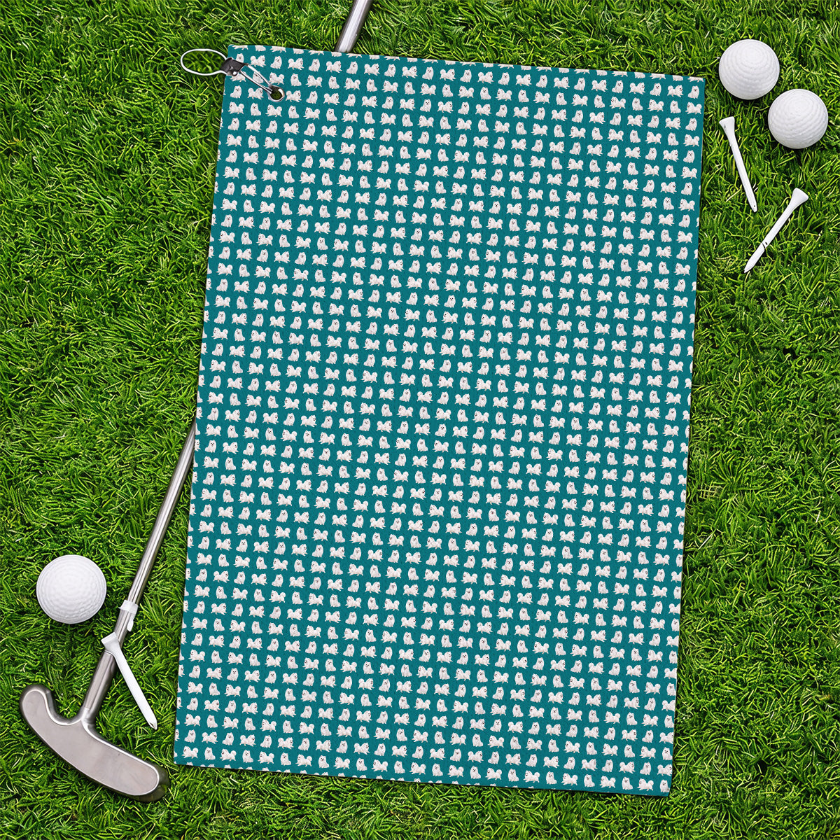 White Pomeranian Pattern Golf Towel, Cute Pomeranian Dog Golf Towels, Crazy Golf Gift For Golfer