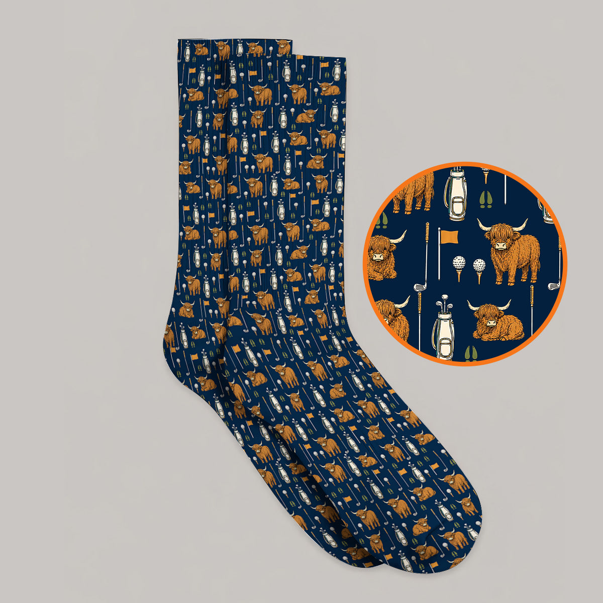 Highland Cow Fairway Socks, Highland Cow Golf Pattern Sock, Golf Gift For Golfer