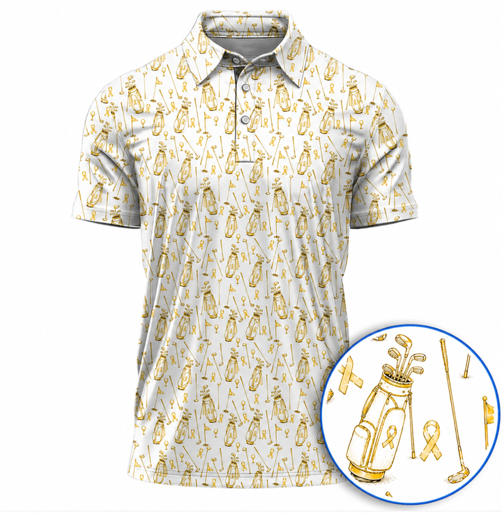 Yellow Cancer Ribbons Awareness Golf Polos, Cancer Ribbons Pattern Golf Shirt, Golf Gift For Golfer