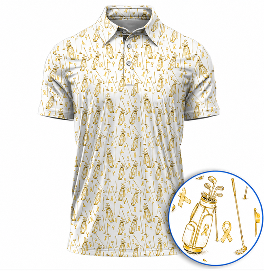 Yellow Cancer Ribbons Awareness Golf Polos, Cancer Ribbons Pattern Golf Shirt, Golf Gift For Golfer