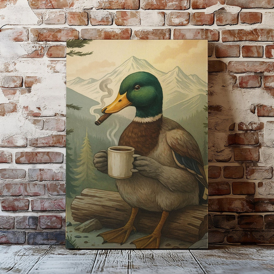 Funny Duck Coffee And Cigar Canvas, Rustic Cabin Wall Art Gift For Man Cave, Gift For Hunter