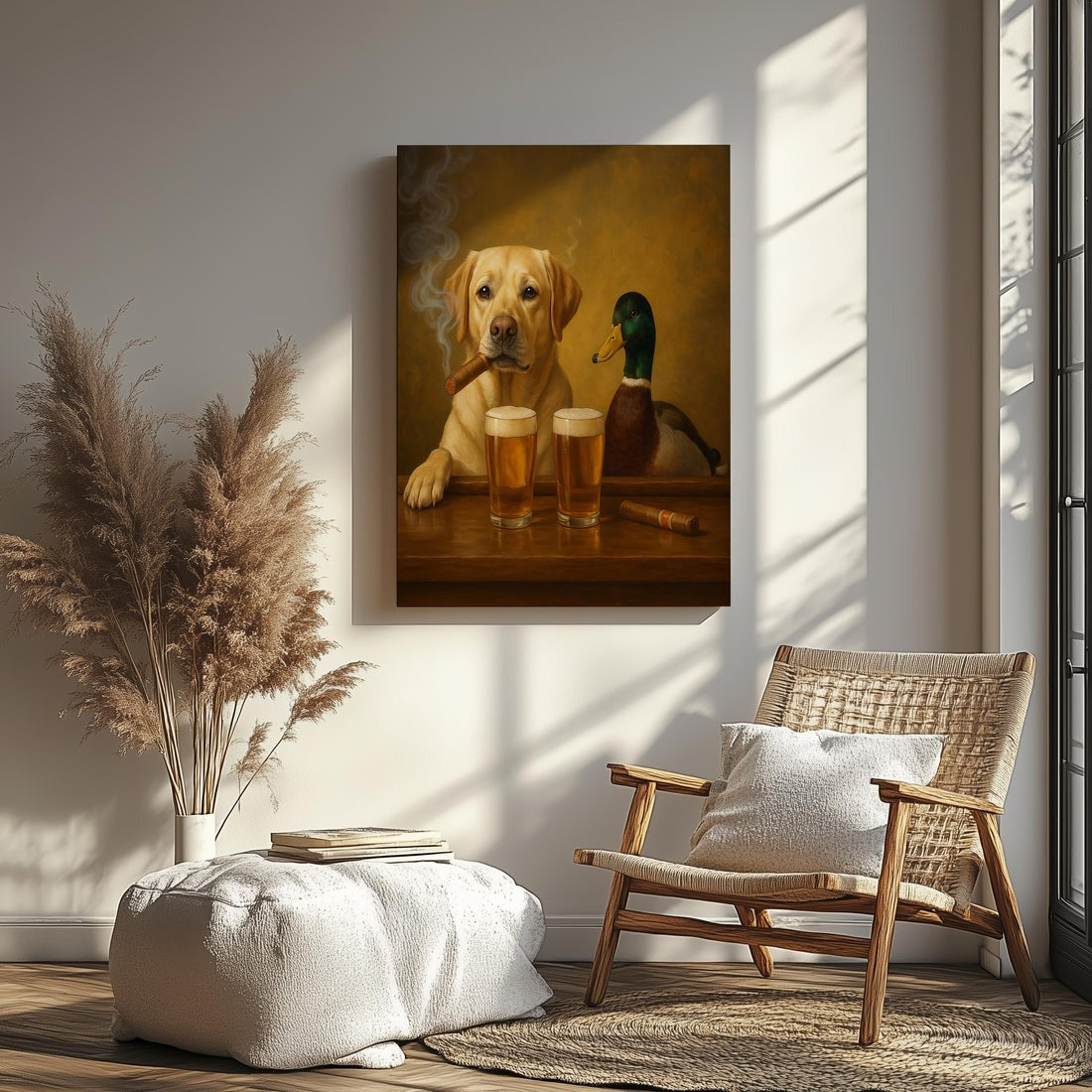 Funny Dog And Duck Beer Painting Canvas, Hunting Cabin Wall Art For Man Cave Decor