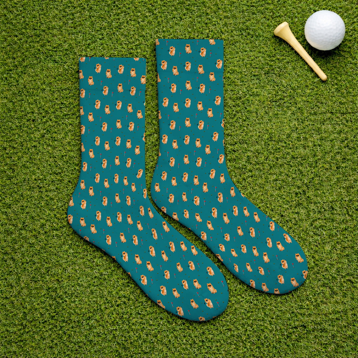 Golden Pomeranian Pattern Golf Socks, Cute Pomeranian Dog Golf Sock, Golf Gift For Golfer