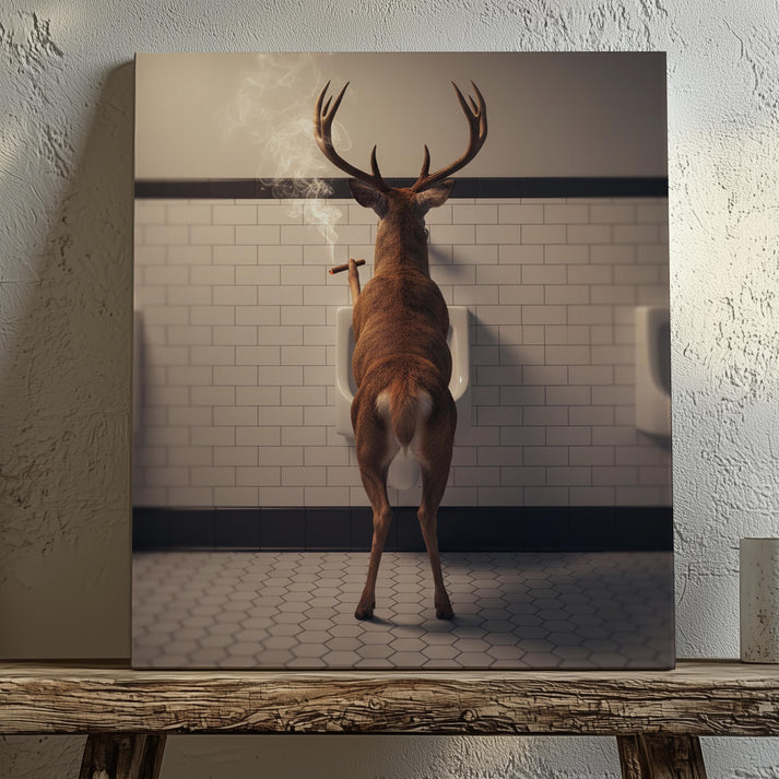 Smoking Deer Bathroom Canvas – Rustic Cabin Wall Art for Men