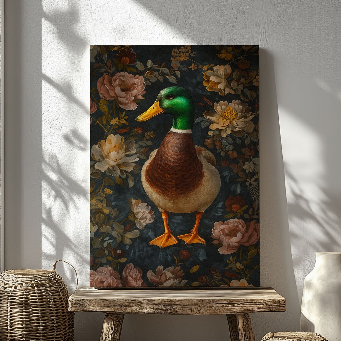 Mallard Duck Canvas Wall Art, Woodland Floral Hunting Home Decor, Gift For Man Cave