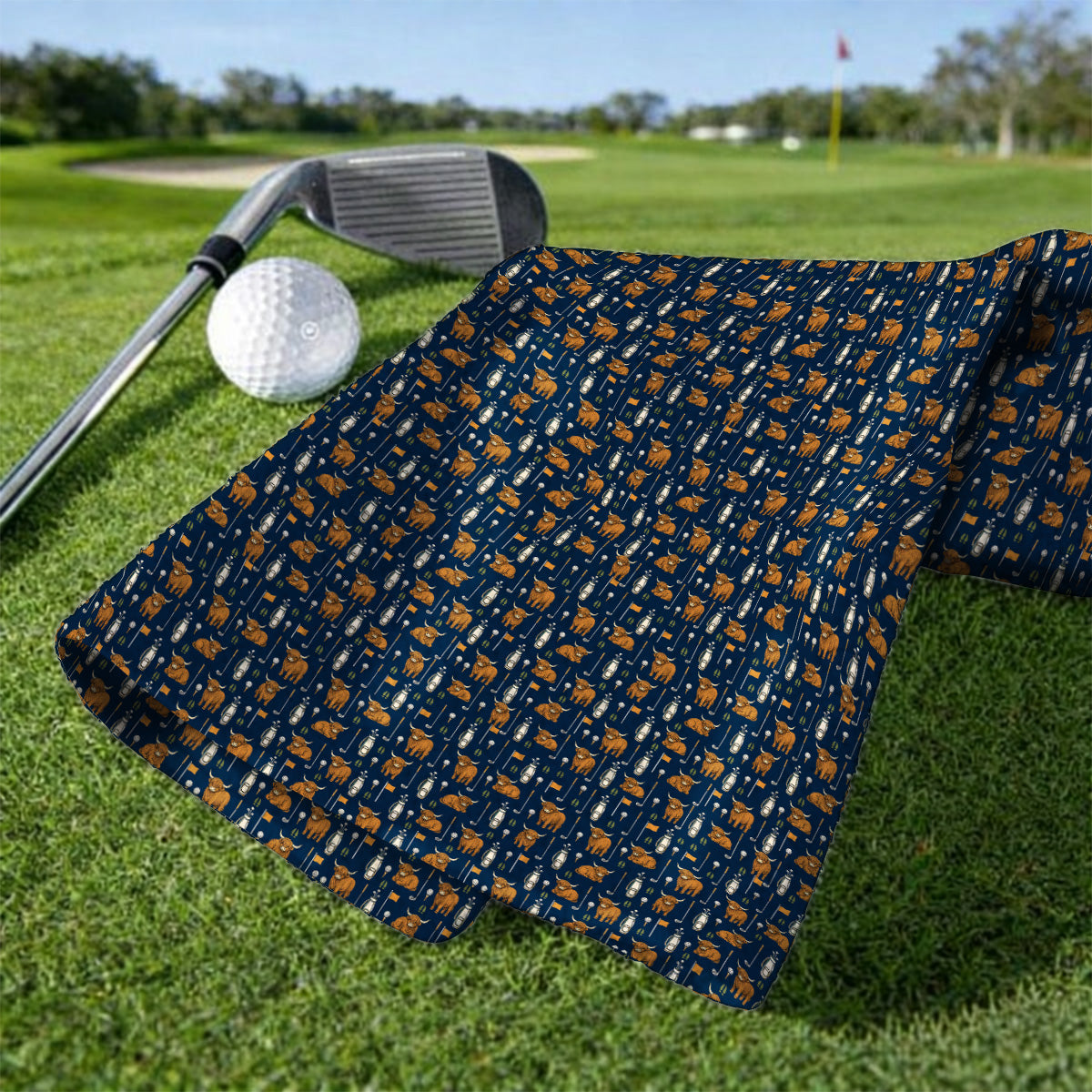 Highland Cow Fairway Towels, Highland Cow Golf Pattern Towel, Golf Gift For Golfer