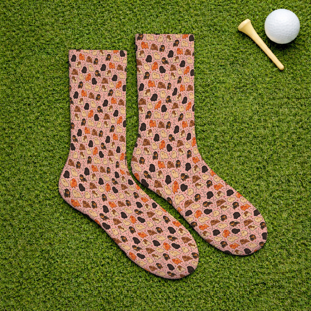 Funny Pomeranian Golf Socks, Pom Dog & Golf Pattern Sock, Golf Gift For Golfer