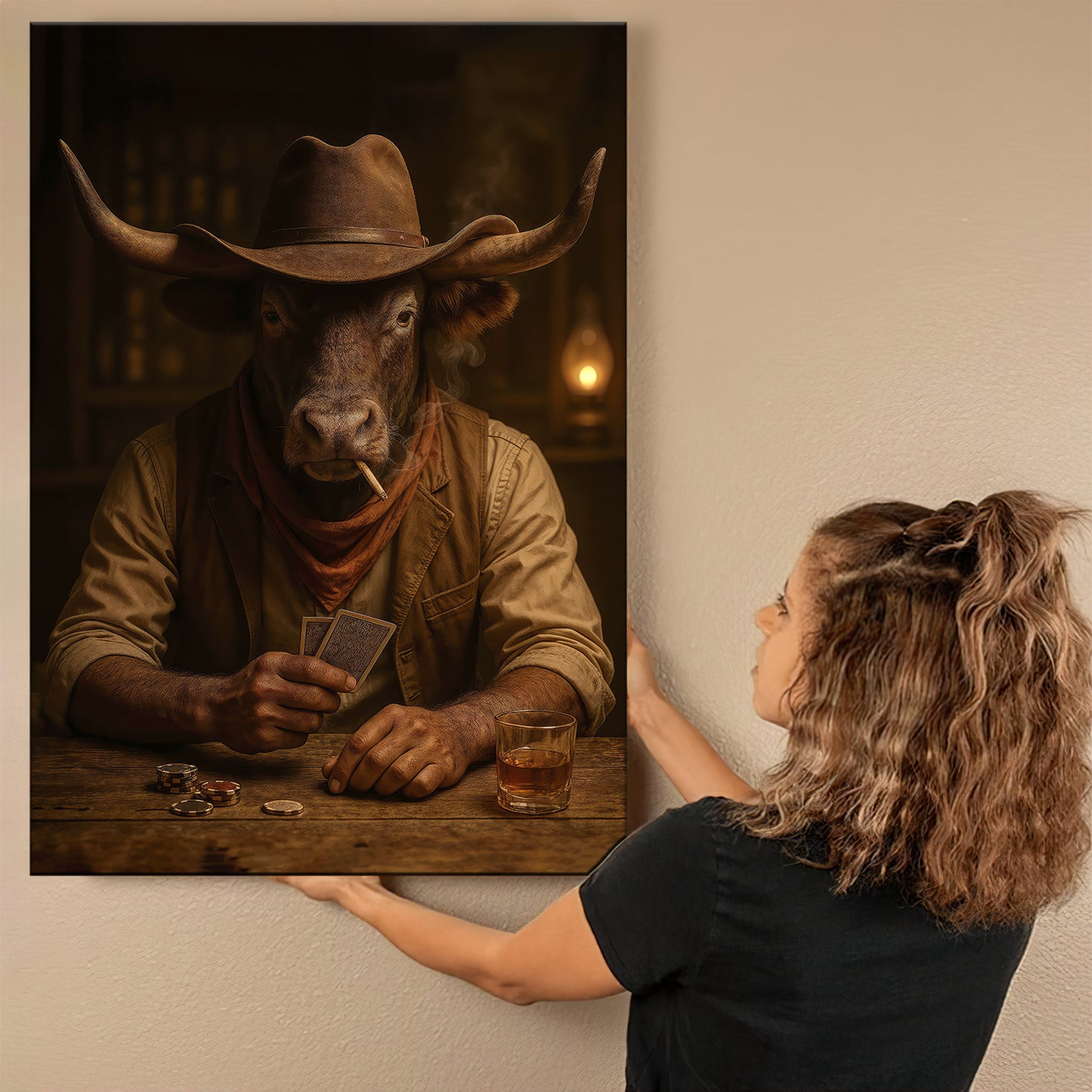 Cowboy Bull Poker Canvas Wall Art, Rustic Western Longhorn Playing Texas Hold’em Canvas, Country Bar Decor For Man Cave Lovers