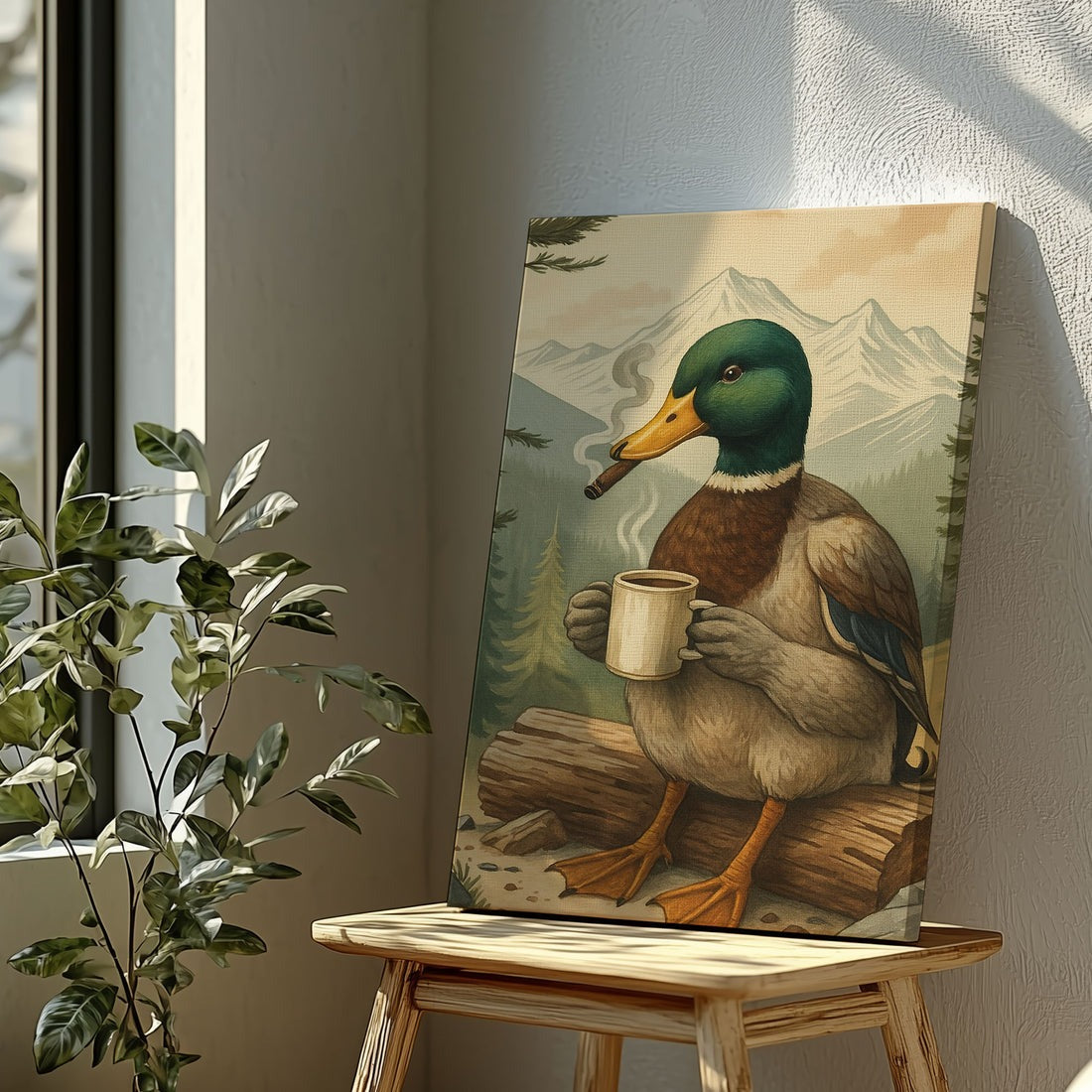 Funny Duck Coffee And Cigar Canvas, Rustic Cabin Wall Art Gift For Man Cave, Gift For Hunter