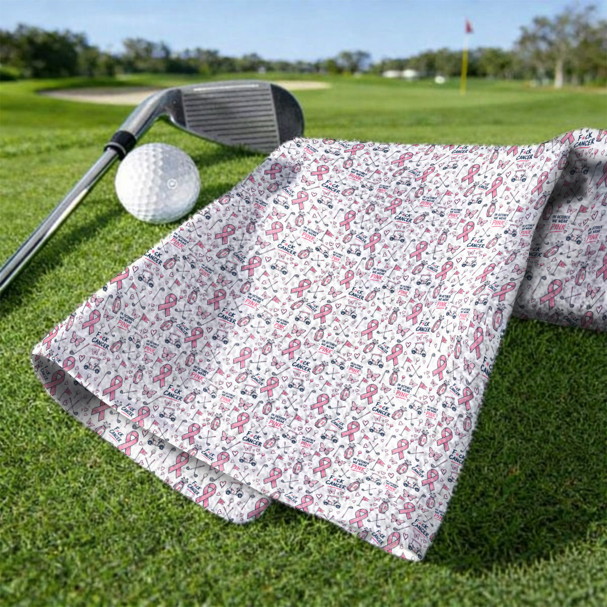 Fight Cancer Golf Towels, Pink Ribbon Golf Cart Pattern Towel, Breast Cancer Awareness Gift for Golfers